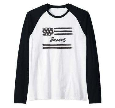 James - Personalized Name, Stars and Stripes USA Flag Raglan Baseball Tee im Sale